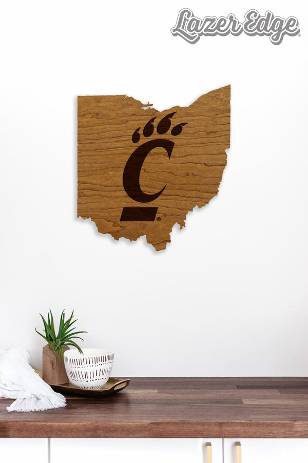 University of Cincinnati Bearcat on State Wall Hanging - Crafted from Cherry and Maple Wood - Cincinnati Bearcats