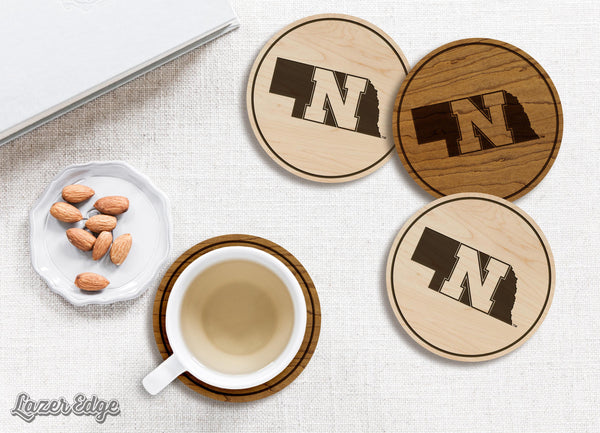 University of Nebraska State Logo Coaster - Crafted from Cherry or Maple Wood - Nebraska Huskers