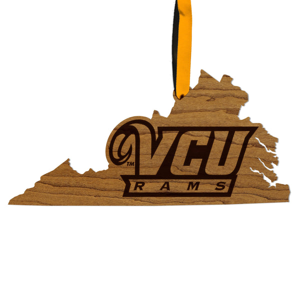 Virginia Commonwealth University Initials on State Ornament – Crafted from Cherry and Maple Wood – VCU Rams