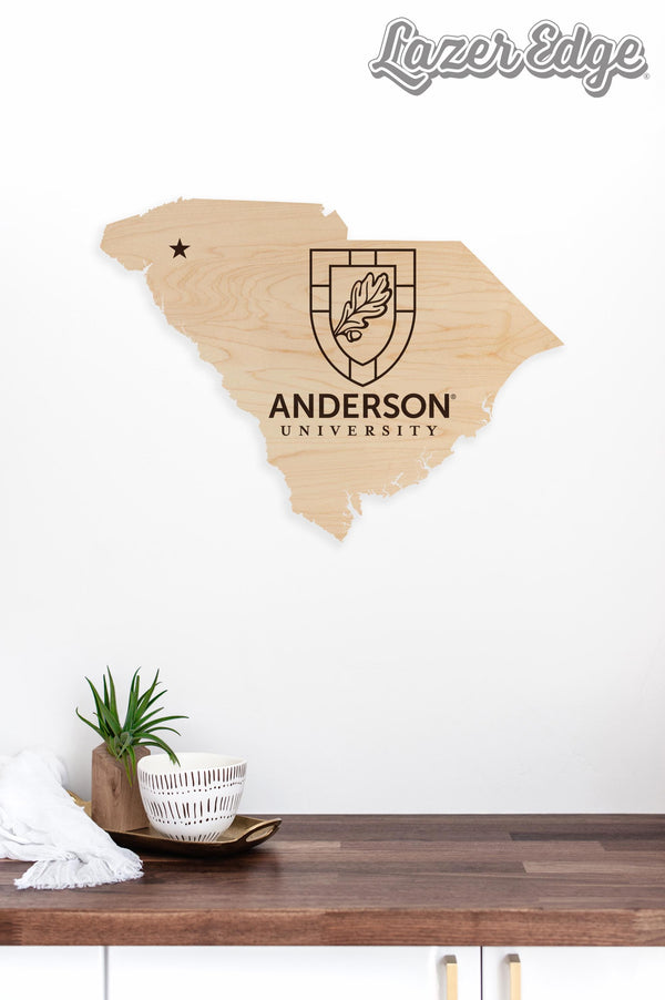 Anderson University Institution Mark on State Wall Hanging - Crafted from Cherry or Maple Wood - Anderson Trojans