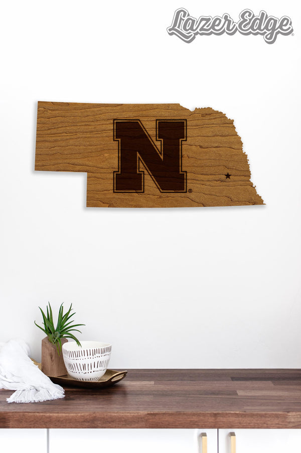 University of Nebraska N Logo on State Wall Hanging – Crafted from Cherry and  Maple Wood - Nebraska Huskers