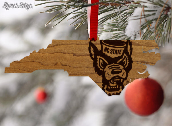 NC State University Tuffy on State Ornament – Crafted from Cherry or Maple Wood – North Carolina State Wolfpack