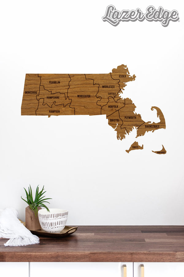 Massachusetts County Map Wall Hanging - Crafted from Cherry or Maple Wood