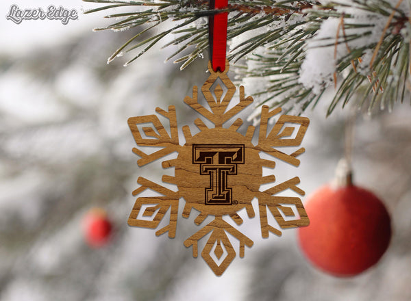 Texas Tech University Double T Snowflake Ornament – Crafted from Cherry and Maple Wood – Texas Tech Red Raiders