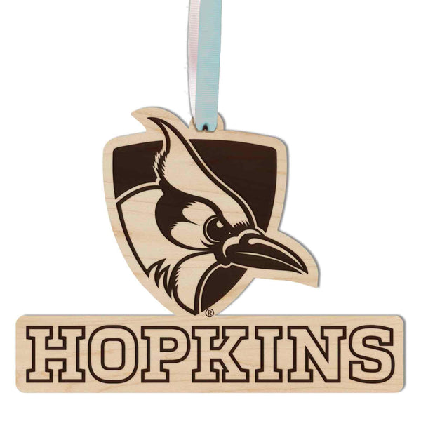 Johns Hopkins University Blue Jay Shield Ornament – Crafted from Cherry and Maple Wood – Johns Hopkins Blue Jays