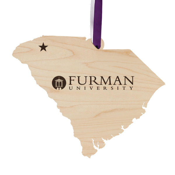 Furman University Wordmark on State Ornament – Crafted from Cherry Wood or Maple Wood - Furman Paladins