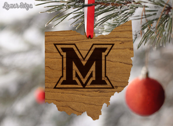 Miami University of Ohio Logo on State Ornament – Crafted from Cherry and Maple Wood –  Miami University Redhawks