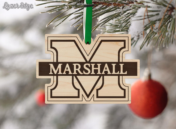 Marshall University Logo Ornament – Crafted from Cherry and Maple Wood – Marshall Bison