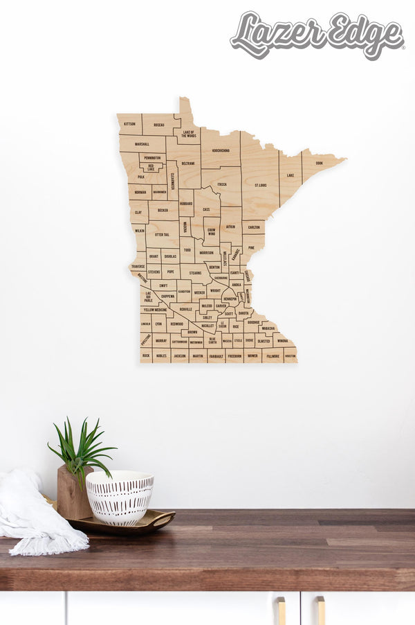 Minnesota County Map Wall Hanging - Crafted from Cherry or Maple Wood