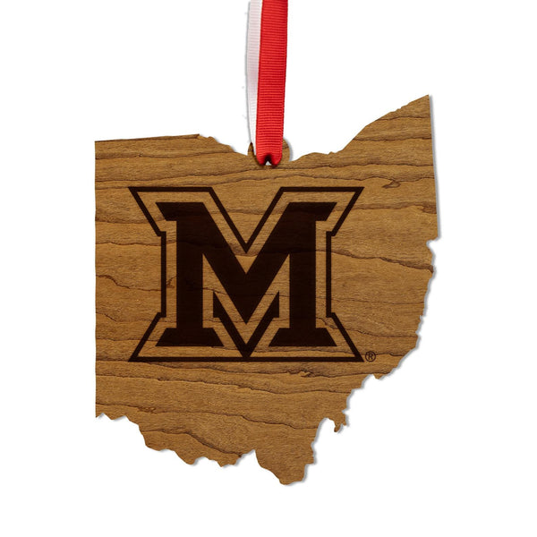 Miami University of Ohio Logo on State Ornament – Crafted from Cherry and Maple Wood –  Miami University Redhawks