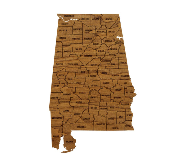 Alabama County Map Wall Hanging - Crafted from Cherry or Maple Wood