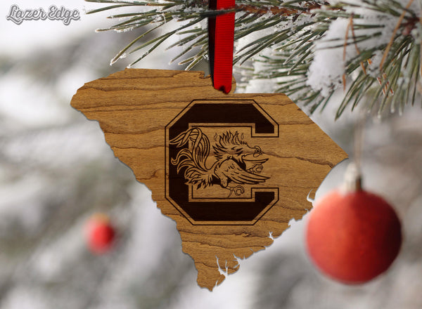 University of South Carolina Gamecocks on State Ornament – Crafted from Cherry and Maple Wood – USC Gamecocks