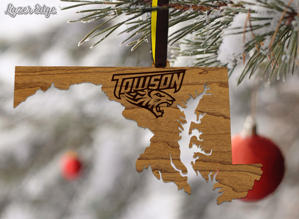 Towson University Tigers on State Ornament – Crafted from Cherry and Maple Wood – Towson Tigers