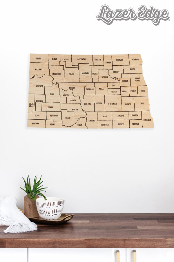 North Dakota County Map Wall Hanging - Crafted from Cherry or Maple Wood