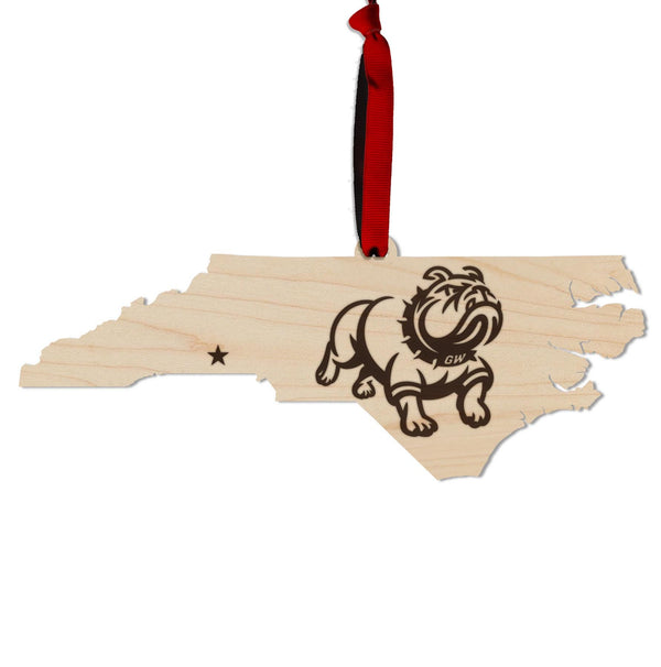 Gardner Webb University Bulldog on State Ornament – Crafted from Cherry Wood – Gardner Webb Bulldogs