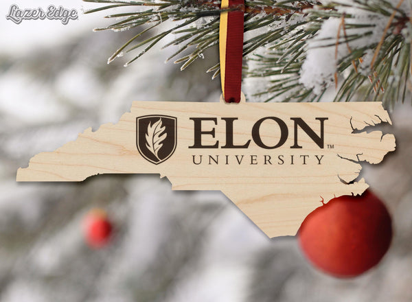 Elon University Signature Mark on State Ornament – Crafted from Cherry and Maple Wood – Elon Pheonix