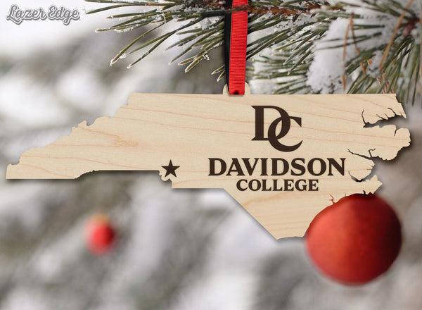 Davidson College Wordmark on State Ornament – Crafted from Cherry and Maple Wood– Davidson Wildcats