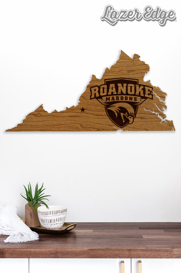 Roanoke College Maroons on State Wall Hanging - Crafted from Cherry and Maple Wood - Roanoke Maroons