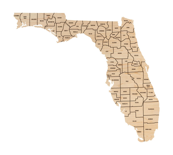 Florida County Map Wall Hanging - Crafted from Cherry or Maple Wood