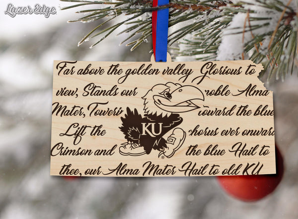 Kansas University Fight Song on State Ornament – Crafted from Cherry and Maple Wood – Kansas Jayhawks