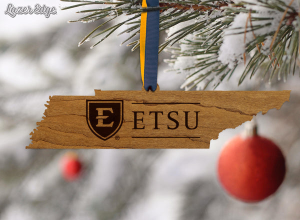 East Tennessee State University Wordmark on State Ornament – Crafted from Cherry and Maple Wood – East Tennessee State Buccaneers