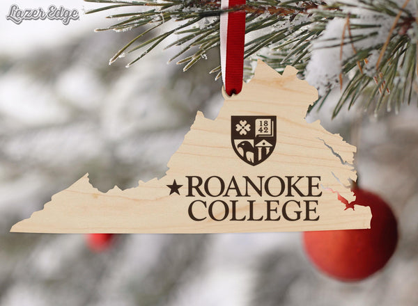 Roanoke College Institution Mark on State Ornament – Crafted from Cherry and Maple Wood – Roanoke Maroons