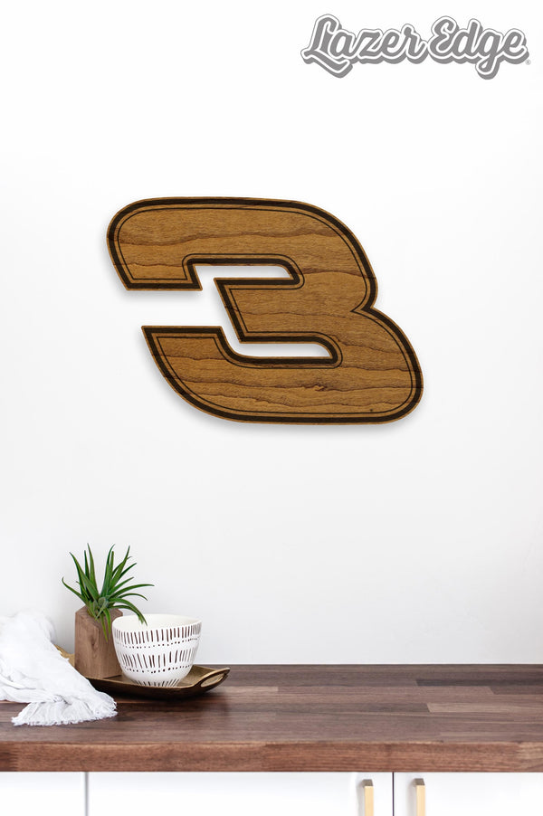 Stylized # 3 Wooden Wall Hanging  | Crafted from Cherry and Maple Wood | Made in USA | Officially Licensed by Richard Childress Racing