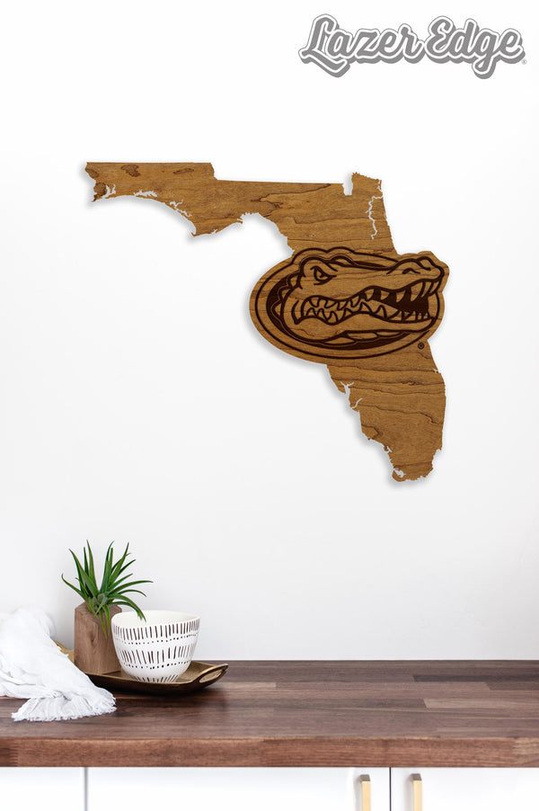 University of Florida Gators on State Wall Hanging - Crafted from Cherry and Maple Wood - Florida Gators