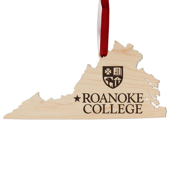 Roanoke College Institution Mark on State Ornament – Crafted from Cherry and Maple Wood – Roanoke Maroons