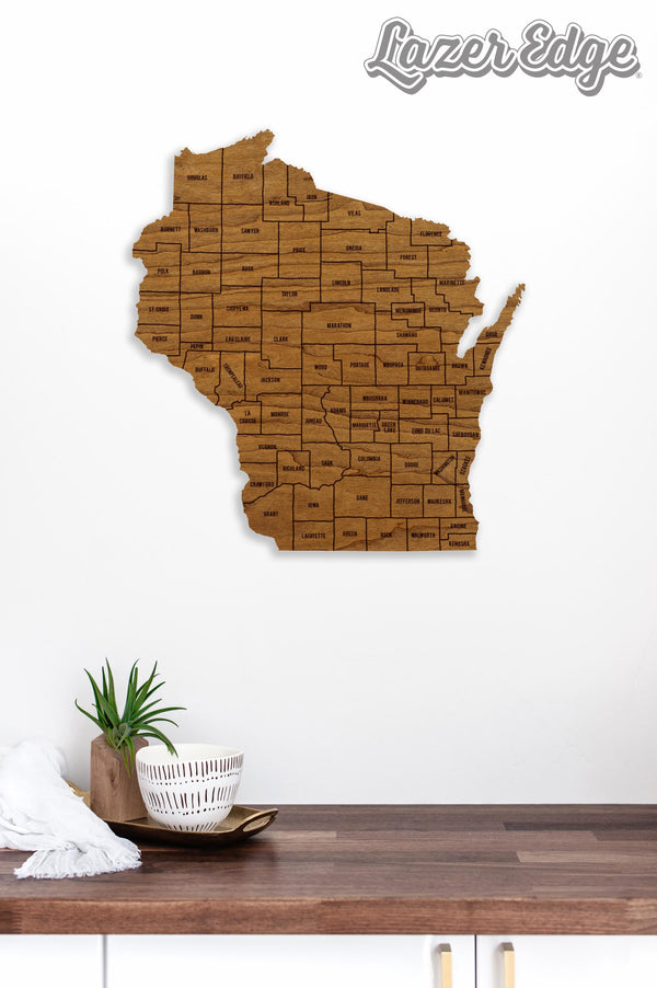 Wisconsin County Map Wall Hanging - Crafted from Cherry or Maple Wood