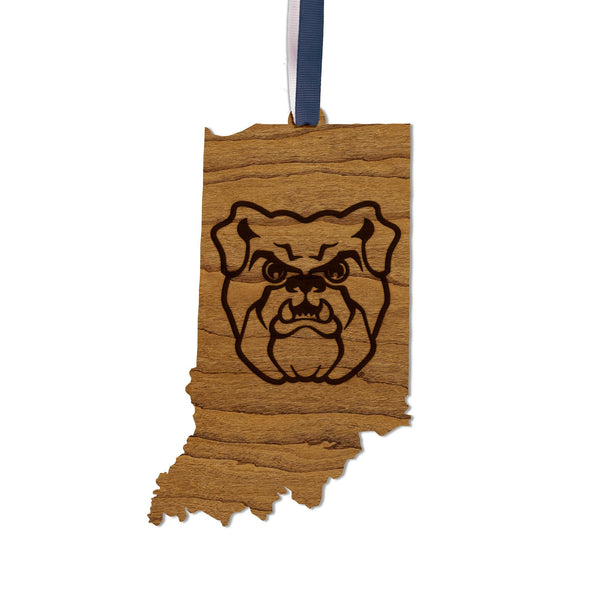 Butler University Bulldog on State Ornament – Crafted from Cherry and Maple Wood – Butler Bulldogs