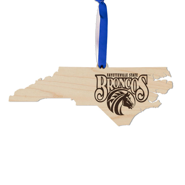 Fayetteville State University Broncos on State Ornament – Crafted from Cherry and Maple Wood – Fayetteville State Broncos