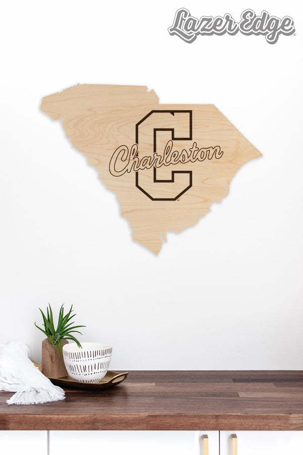 College of Charleston Logo on State Wall Hanging - Crafted from Cherry or Maple Wood - Charleston Cougars