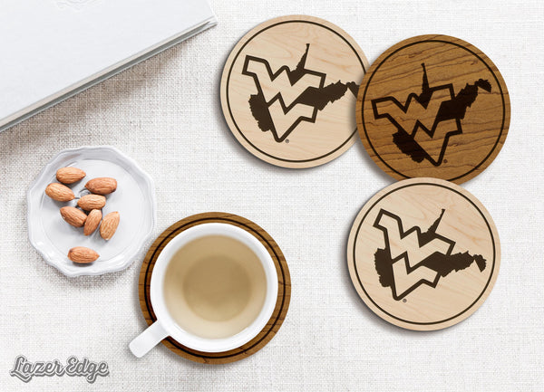 West Virginia Flying WV on State Coaster – Crafted from Cherry or Maple Wood – West Virginia Mountaineers