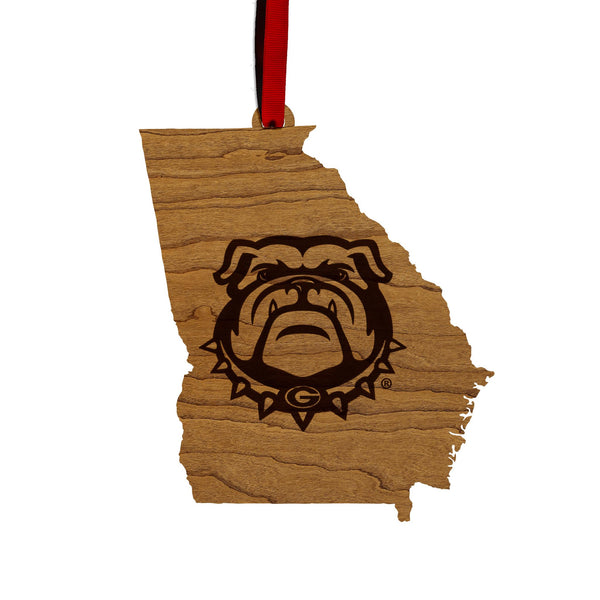 University of Georgia Bulldog on State Ornament - Crafted from Cherry or Maple Wood - Georgia Bulldogs
