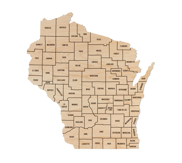 Wisconsin County Map Wall Hanging - Crafted from Cherry or Maple Wood