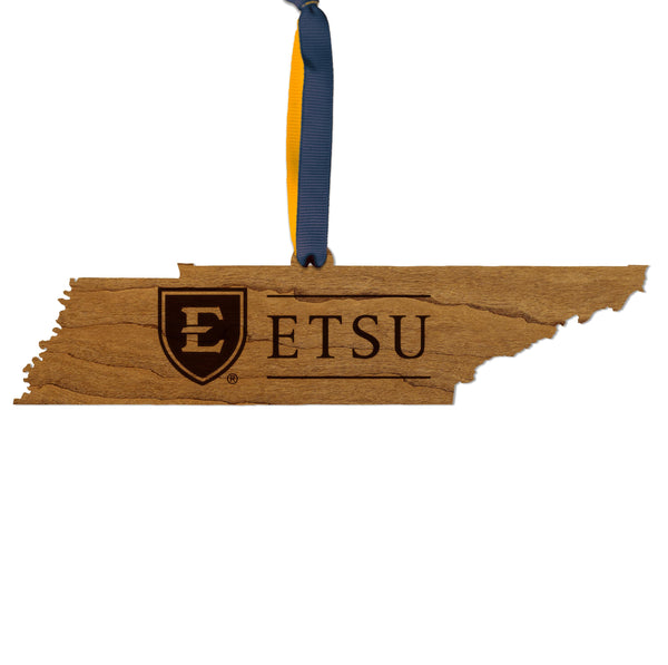 East Tennessee State University Wordmark on State Ornament – Crafted from Cherry and Maple Wood – East Tennessee State Buccaneers