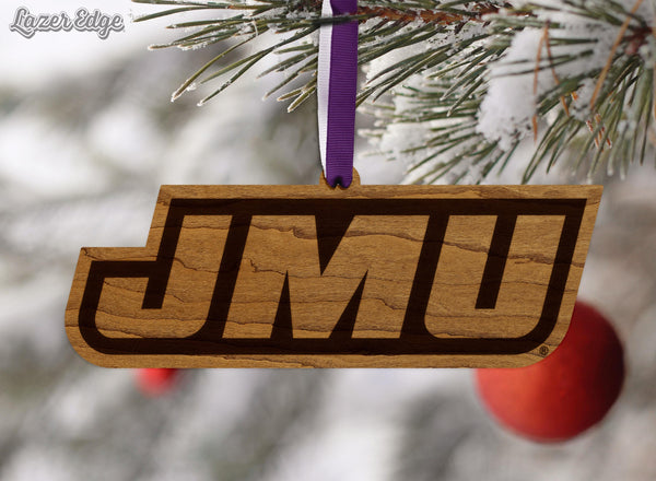 James Madison University JMU on State Ornament – Crafted from Cherry and Maple Wood – JMU Dukes
