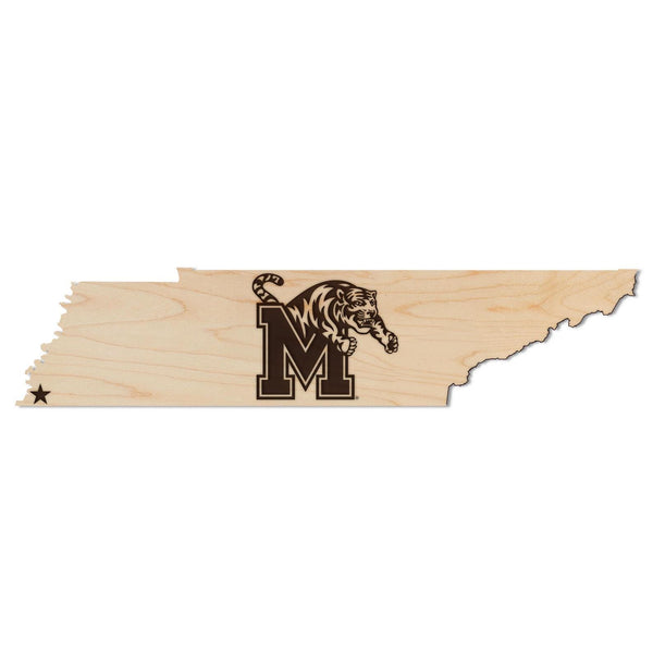 University of Memphis Tigers on State Wall Hanging - Crafted from Cherry and Maple Wood - Memphis Tigers