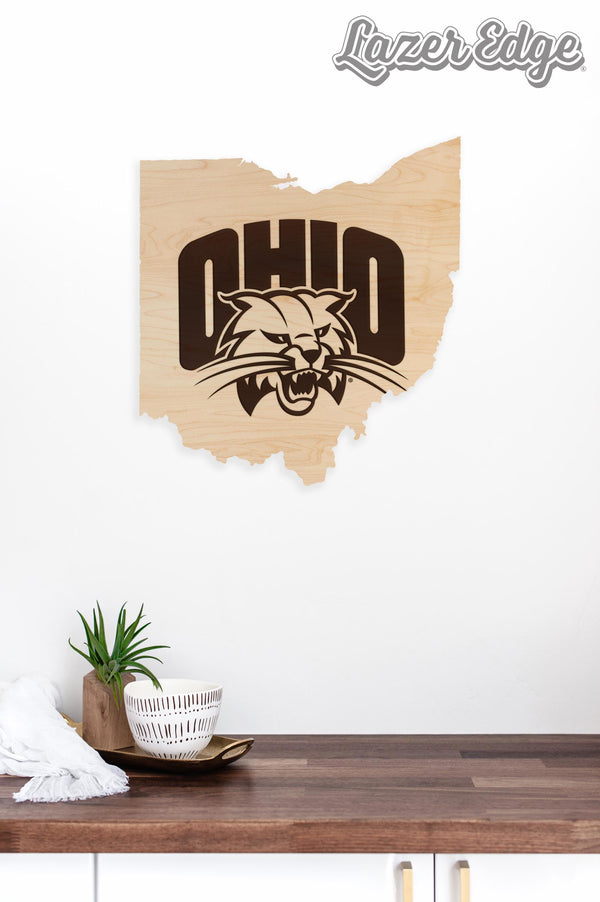 Ohio University Bobcats on State Wall Hanging - Crafted from Cherry or Maple Wood - Ohio Bobcats