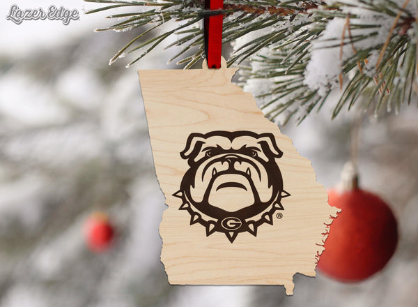 University of Georgia Bulldog on State Ornament - Crafted from Cherry or Maple Wood - Georgia Bulldogs