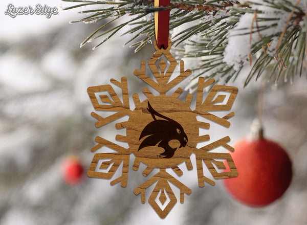 Texas State University Bobcats Snowflake Ornament – Crafted from Cherry and Maple Wood – Texas State Bobcats