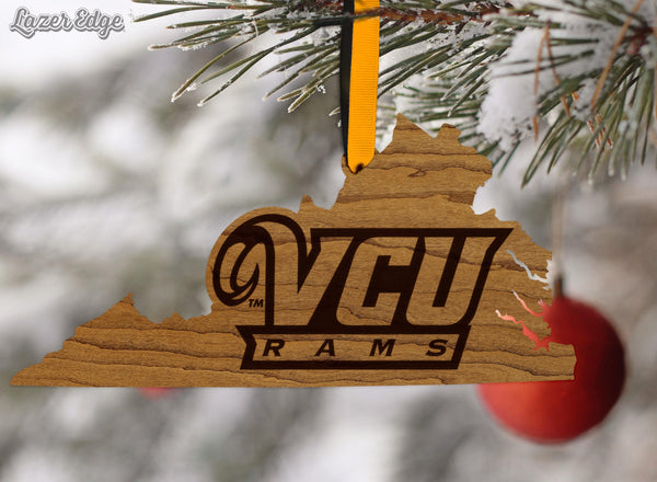 Virginia Commonwealth University Initials on State Ornament – Crafted from Cherry and Maple Wood – VCU Rams