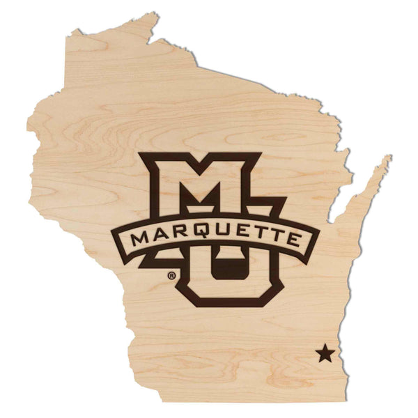 Marquette University Logo on State Wall Hanging - Crafted from Cherry or Maple Wood - Marquette Golden Eagles