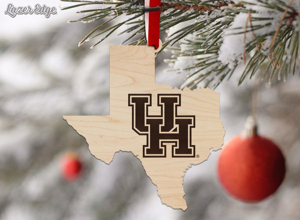 University of Houston UH on State Ornament – Crafted from Cherry and Maple Wood – Houston Cougars