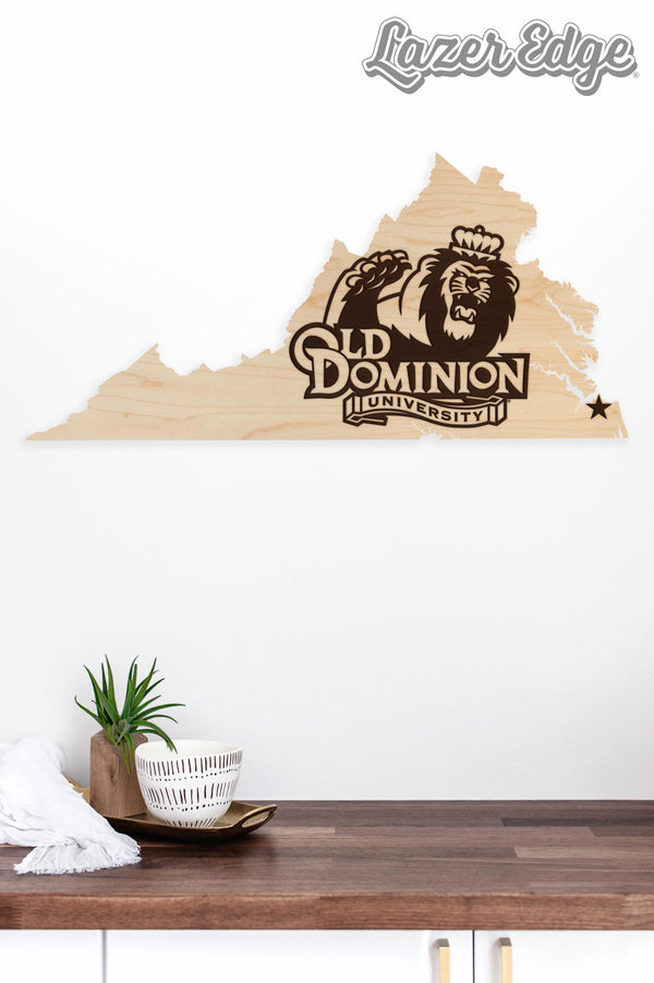 Old Dominion University Monarch Logo on State Wall Hanging - Crafted from Cherry or Maple Wood - ODU Monarchs