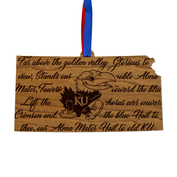 Kansas University Fight Song on State Ornament – Crafted from Cherry and Maple Wood – Kansas Jayhawks