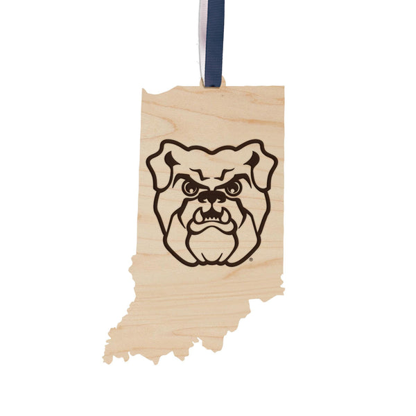 Butler University Bulldog on State Ornament – Crafted from Cherry and Maple Wood – Butler Bulldogs
