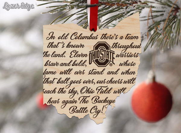 Ohio State University Battle Cry on State Ornament – Crafted from Cherry and Maple Wood – Ohio State Buckeyes