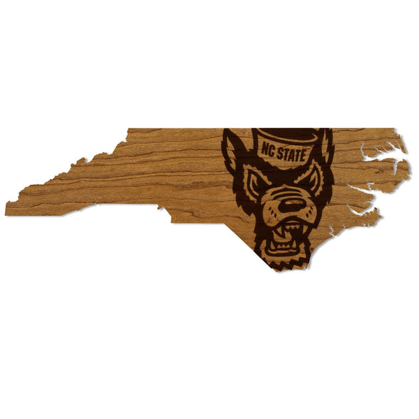 North Carolina State University Tuffy Head on State Wall Hanging - Crafted from Cherry or Maple Wood - NC State Wolfpack